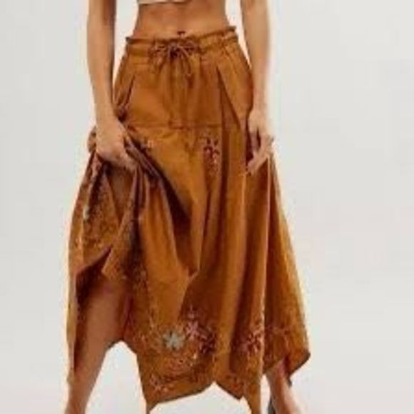 Free People Arielle Maxi Skirt Brown Handkerchief Hem Embroidered